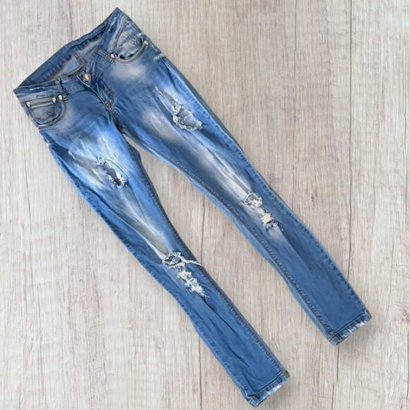 REDMOND Distressed SKULL Embellished Goth Grunge Light Wash Skinny Denim Jeans - Picture 1 of 8
